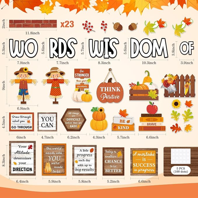 Mooliwe 57 Pcs Fall Bulletin Board Set Inspirational Cutouts Classroom | Words of Wisdom Teacher Decor, Scarecrows Pumpkins Leaves Cutouts, Office School Wall Supplies, Motivational Quotes