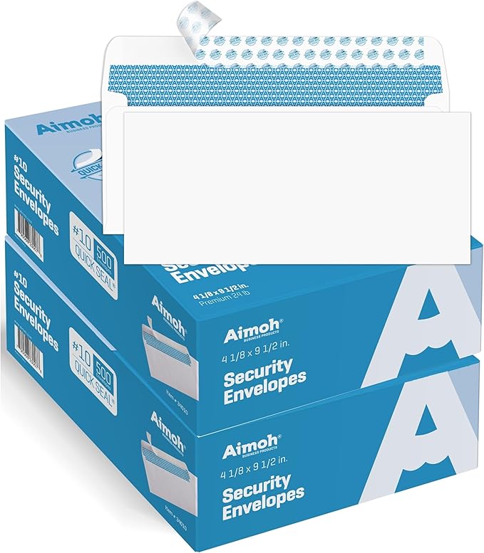 Aimoh 1000#10 Security Self-Seal Envelopes, Windowless Design, Premium Security Tint Pattern, Ultra Strong Quick-Seal Closure - EnveGuard - Size 4-1/8 x 9-1/2 Inches - White -24 LB- (34010-1000)