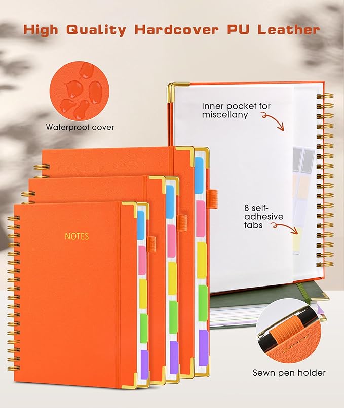 Hardcover Spiral Notebook Journal with Removable Dividers Tabs, 300 Pages Leather 5 Subject Notebook College Ruled, 8"x10" Large B5 Notebooks for Work School Note taking, Lined Journal for Women, Orange