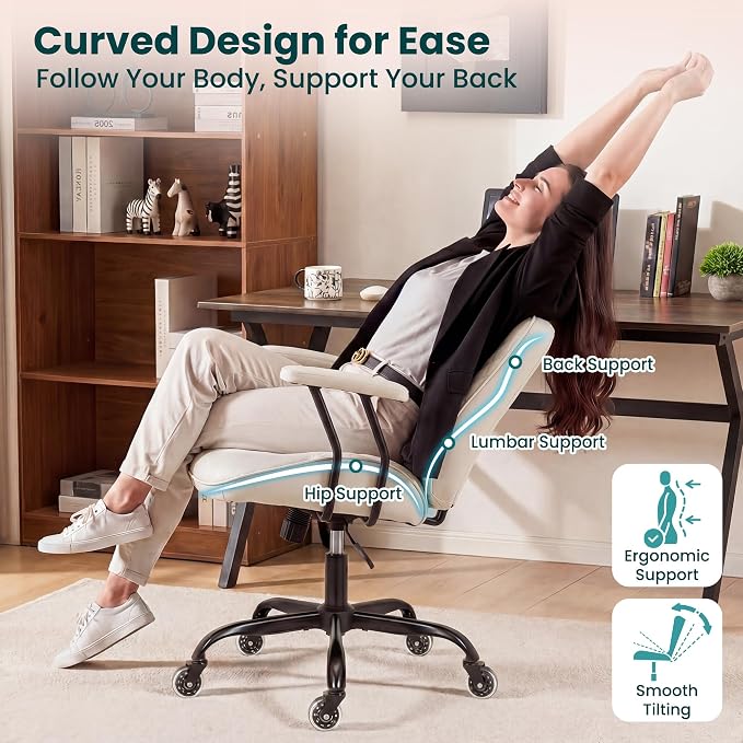 NEO CHAIR Leather Office Chair with Ergonomic Design, Swivel Chair, Ivory | Modern Computer Desk Chair with Genuine Leather, Lumbar Support, Removable Arms, Comfy Chair for Home Office, Smooth Rolling
