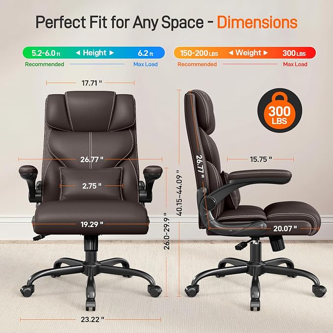 Office Chair, Executive Mid-Back Computer Desk Chair with Flip-up Armrests | 300 Lbs Ergonomic Leather Swivel PC Chair with Rock Function for Working Studying (Coffee)