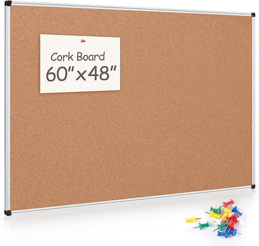 Board2by Large Cork Bulletin Board 60" X 48", Silver Aluminum Framed Corkboard for Wall, Wall Mounted Notice Pin Board with Push Pins for School, Home & Office - 5' x 4' Corkboard