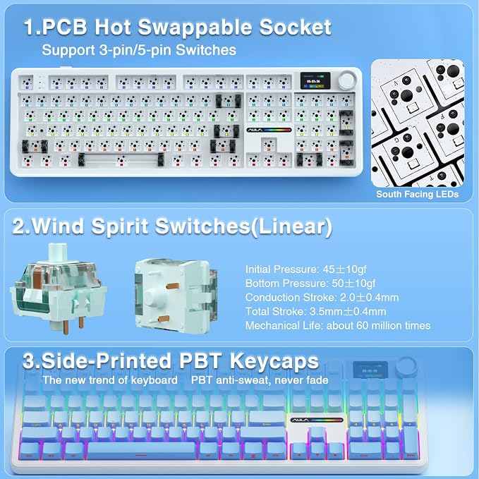 AULA F108 PRO - Wireless Mechanical Keyboard with Screen&Knob,Hot Swappable Gaming Keyboard with 8000mAh Battery,Pre-lubed Switches,RGB Backlit,PBT Keycaps Creamy Sounding Computer Keyboards,104 Keys
