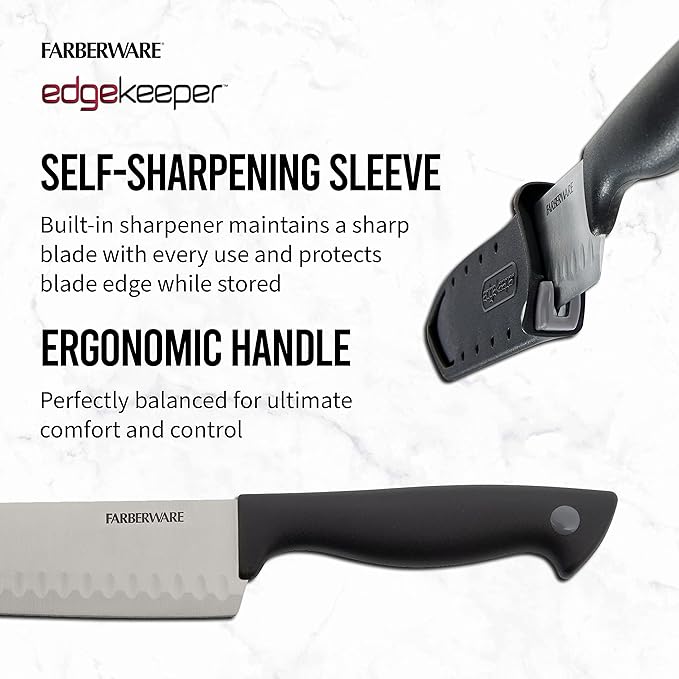 Farberware Edgekeeper 5-Inch Santoku Knife with Self-Sharpening Blade Cover, High Carbon-Stainless Steel Kitchen Knife with Ergonomic Handle, Razor-Sharp Knife, Black