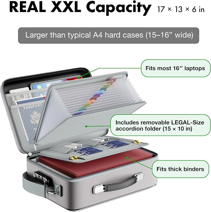 XXL Legal-Size Fire & Water-Resistant Document Box with TSA Lock - Hard-Shell Case (17×13×6 in) Hard Case File Organizer for Important Documents, Laptop, Passport, Wills, Certificates (Silver)
