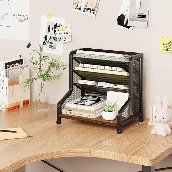 SWTYMIKI Paper Organizer, Mesh and Wood Desk Office Organizer, Office Organization and Binder Storage for Workspace, Home, School, Espresso