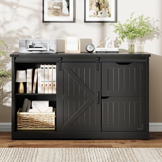 Halitaa 47.8” Farmhouse File Cabinet with Sliding Barn Door, Pure Black | Lateral Filing Storage Cabinets with Adjustable Shelf, 3 Drawers,Office Printer Stand for Hanging Files Letter/Legal/A4/F4