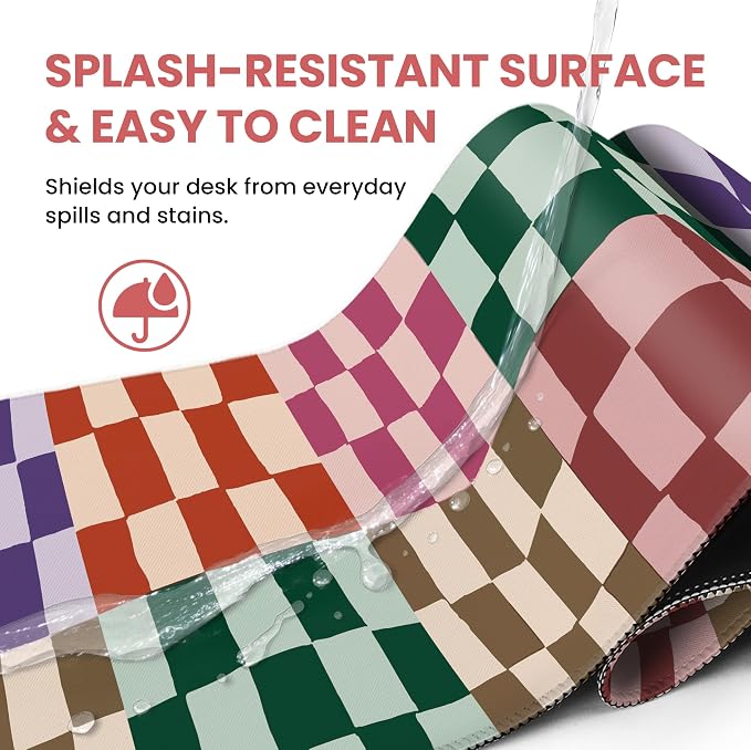 Aesthetic Desk Mat, Cute Checkered Pattern Desk Pad Protector for Work & Decor, 35.4" x 15.7", Pretty Non-Slip Extended Mouse Pad for Office or Home