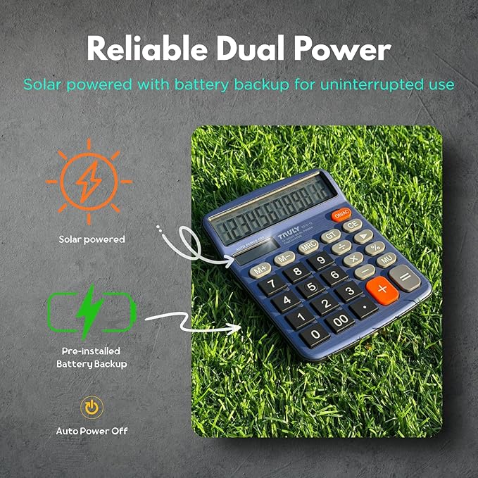 TRULY 12 Digits Desktop Calculator with Large LCD Display and Sensitive Button, Dual Solar Power and Battery, Standard Function for Office, Home, School, Metal Body, 837A Pro Blue