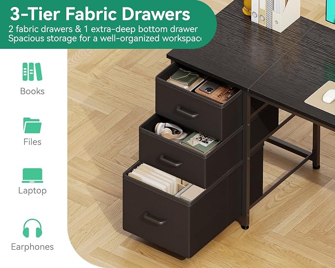 AODK 63 Inch Computer Desk with Drawers & USB Power Outlets | Reversible Home Office Desk with Storage Shelves, Work from Home, Modern Work/Writing/Study Table for Bedroom, Black