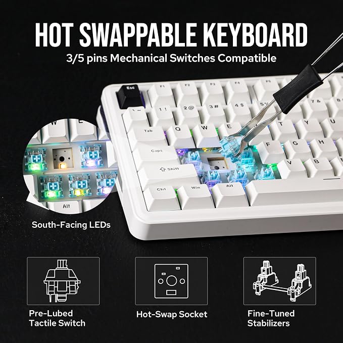 EPOMAKER TH85 QMK/VIA Wireless Gaming Keyboard, BT5.0/2.4GHz/USB-C | Hot-Swap Pre-lubed Custom Milk Blue Tactile Switches, Gasket Creamy Keyboard for PC/Mac/Office/Gaming (White)