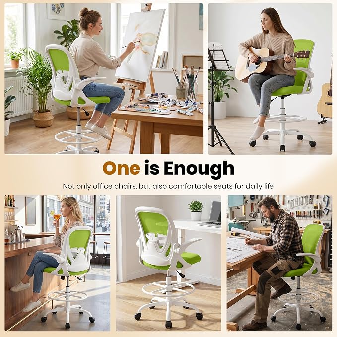 Drafting Chair Tall Office Chair with Flip-up Armrests Executive Ergonomic Computer Standing Desk Chair with Lumbar Support and Adjustable Footrest Ring (Green)
