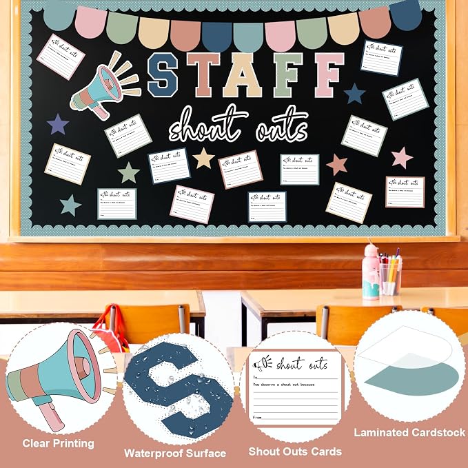 71Pcs Staff Shout Outs Bulletin Board Decorations, Staff Bulletin Board with Shout Out Cards, Appreciation Month Bulletin Boards for Classroom Office Back to School Retirement Wall Door Decor(Pastel)