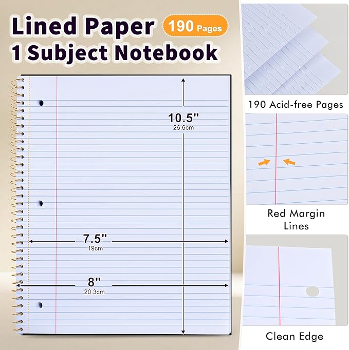 Spiral Notebook College Ruled Paper 8" x 10-1/2", 1 Subject Spiral Notebook, 3-Hole Punched Perforated Pages Ideal for School, Office, Writing, 95 Sheets Lined Journaling Notebook, Black