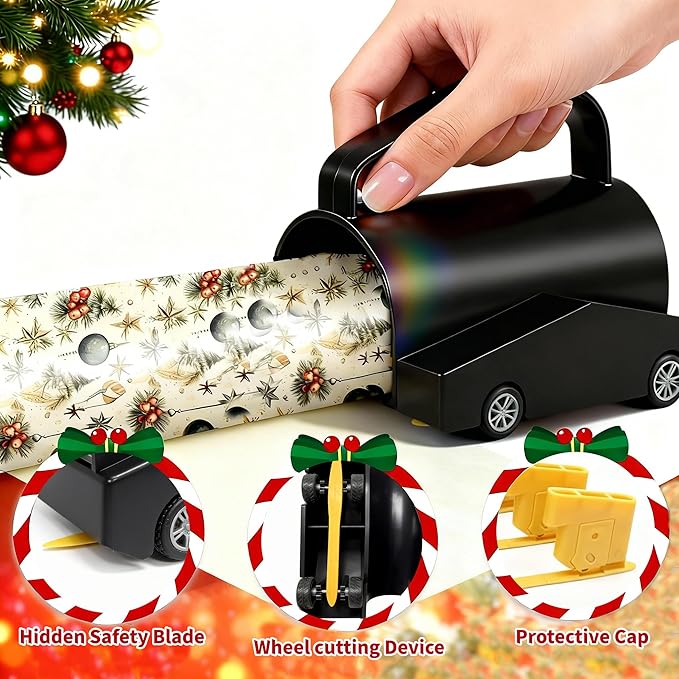 Wrapping Paper Cutter, Paper Cutter Slider Fit for Any Diameter Paper Roll, 3 Replaceable Blade for Smooth Straight Cuts, Gift Wrap Cutter with Handle, Easy Paper Cutting Tool for Holidays Birthday