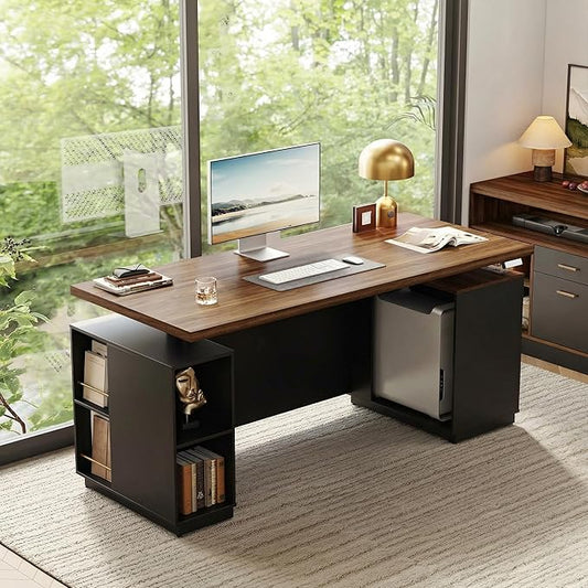 71" Standing Executive Desk with Privacy Panel, Large One-Piece Electric Height Adjustable Stand Up Desk with Charging Station, File Cabinet Storage, Home and Office, Black Walnut