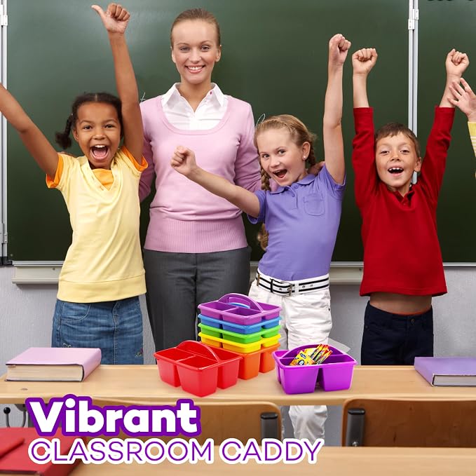 4E's Novelty Classroom Caddy Set of 6, Plastic Caddies for Supply, Caddy Organizer with Handle for Classroom, Rainbow Colors, Desk Caddies for Supplies Keep Desks and Work Stations Organized