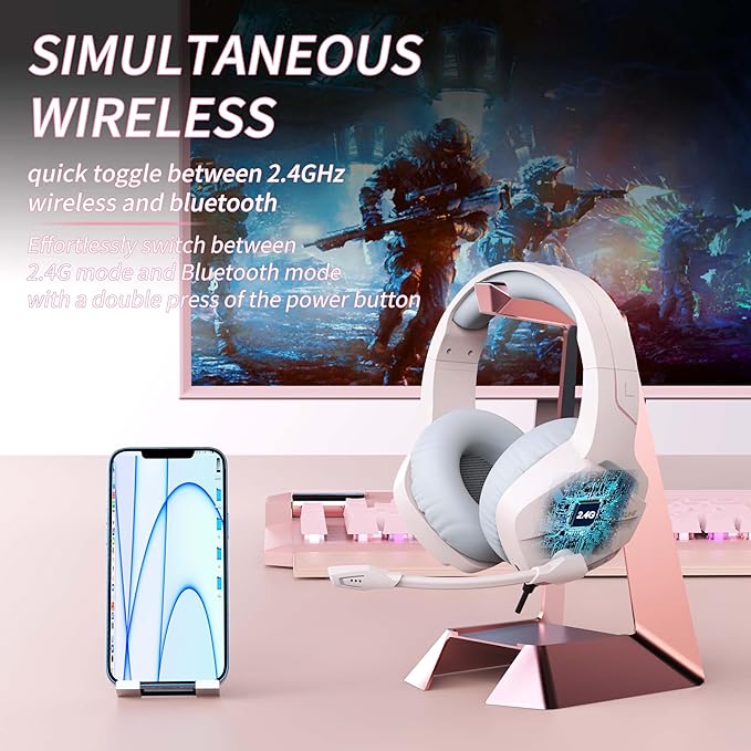BINNUNE Wireless Gaming Headset for PS5 PC, 120H Ultra-Long Battery, 2.4GHz & Bluetooth 5.3 Wireless Gaming Headphones, PS5 Hadset Wireless with Mic, 50mm Drivers, Comfort Over Ear Headphones,Pink