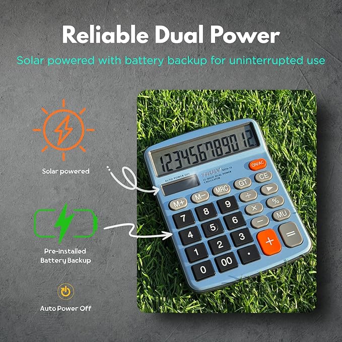 TRULY 12-Digit Desktop Calculator with Large Display, Big Buttons, Dual Power (Solar + Battery), Metal Finish, Ideal for Office, Home, School – 837A Pro Light Blue