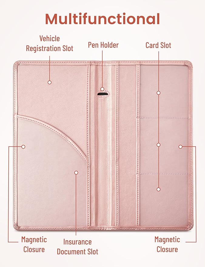 Yarnic Car Registration and Insurance Holder, Car Document Holder with Magnetic Closure, Car Wallet for Driver License, Cards and other Essential Documents (Rose Gold)