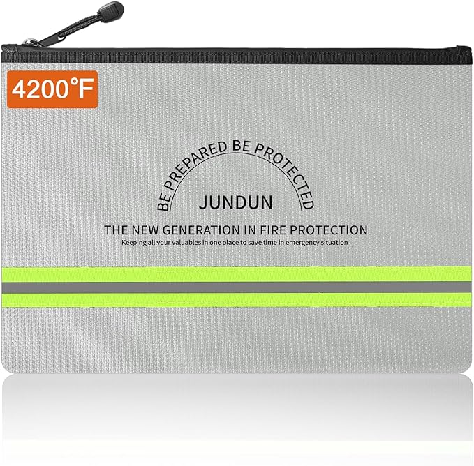 JUNDUN Fireproof Document Bag,14.2”x 10.0”Waterproof and Fireproof Money Bag with Aluminum Foil Lining,Fireproof Safe Storage Pouch with Zipper for Document and Cash,Silver