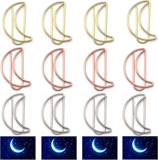 24 Pcs Metal Moon-Shaped Paper Clips Set in Gold, Silver, & Rose Gold - Cute Paperclips for Office and School File Organization, Party, and Wedding Decor