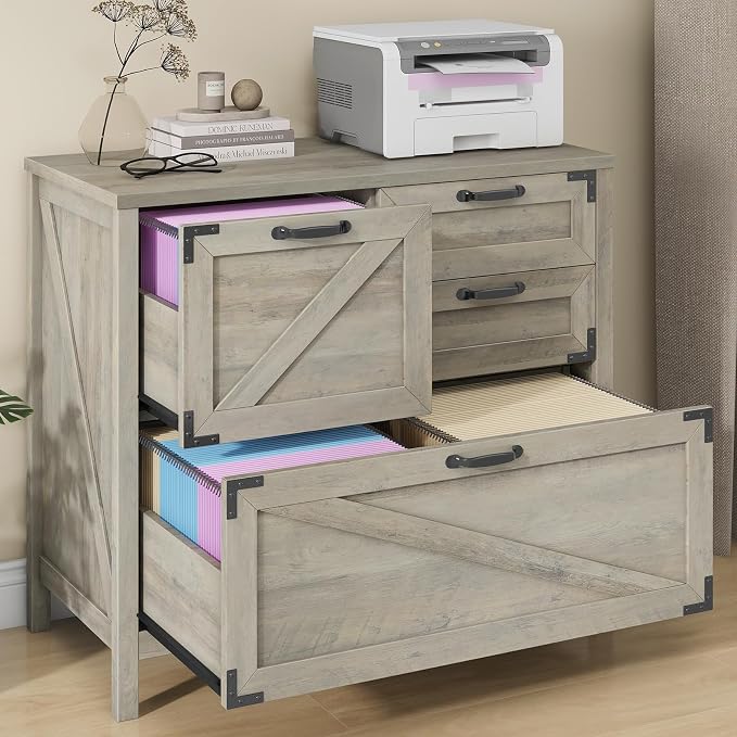 Befrases Farmhouse File Cabinet, Lateral Filing Cabinet with 4 Drawers for Letter/A4 Size Hanging Files, Large Wooden Printer Stand File Storage Cabinet for Home Office, Rustic Grey
