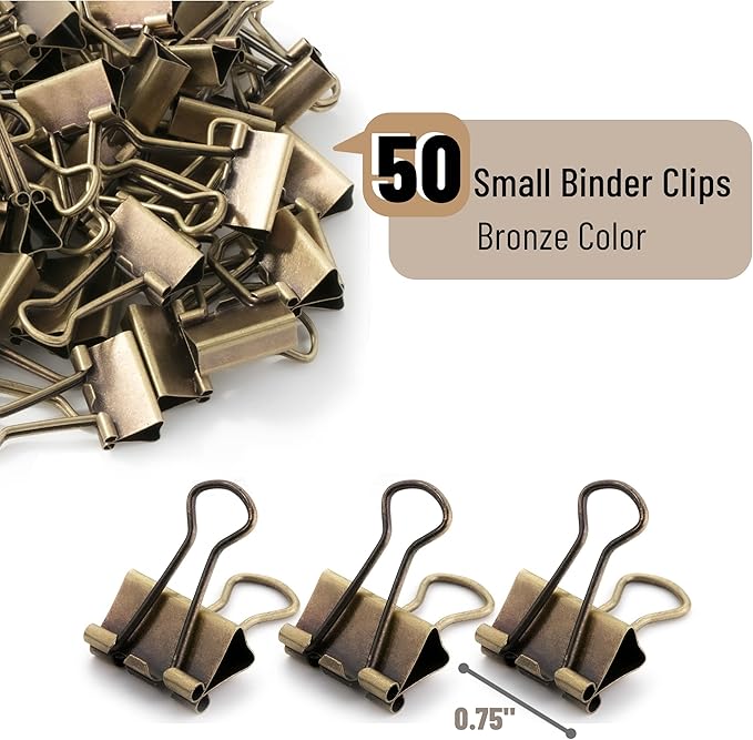 Mr. Pen- Small Binder Clips, 50 pcs, 0.75", Small Size, Bronze Metal Binder Paper Clips, Paper Clamps for Office Supplies, Home, School, Business, Document Organizing