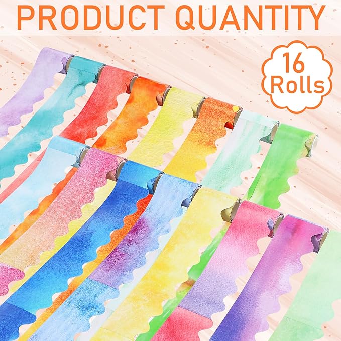 16 Rolls 263 ft Bulletin Board Borders Scalloped Border Trim Colorful Bulletin Board Strips Classroom Decoration Strips Decorative Poster for School Decor (Watercolor Colors)