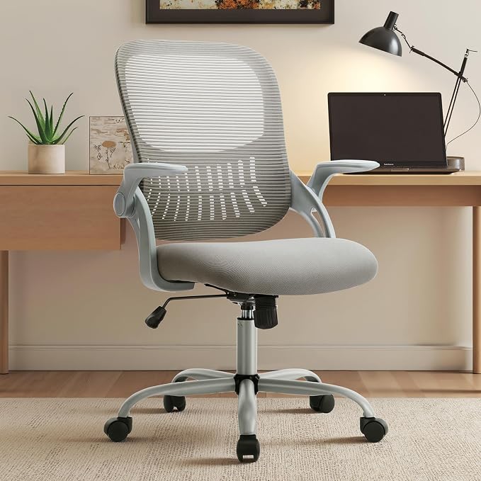 Sweetcrispy Home Office Chair, Mesh Office Chair, Lumbar Support, Grey | Adjustable Height, 360° Swivel Wheels, Mid-Back, Comfy Flip-up Arms for Small Space, Study, Managerial Executive, Grey