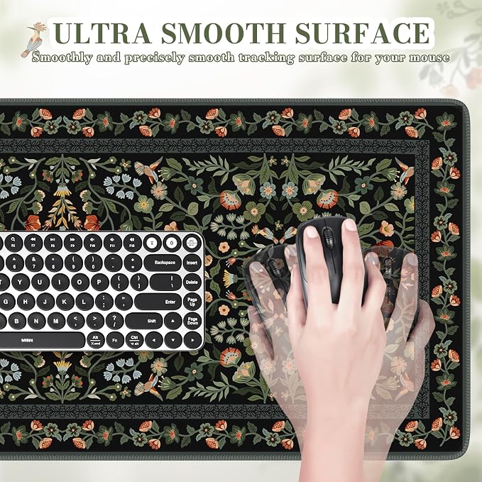 iCasso Floral Desk Mat,Mouse Pad for Office Decor,35.4x15.7in,Black | Back to School Desk Pad Mat, Anti-Slip Big Mousepad with Stitched Edges for Computer Desktop,Smooth Water-Resistant