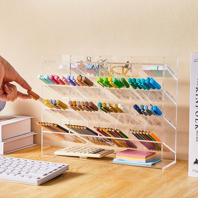 MotiMind Acrylic Pen Organizer Storage for 200 Markers Vertical Marker Organizer Acrylic Pen Display Holder for Office Desk Desktop Stationery Pencil Storage, Clear, 13 x 4 x 10.2 Inch