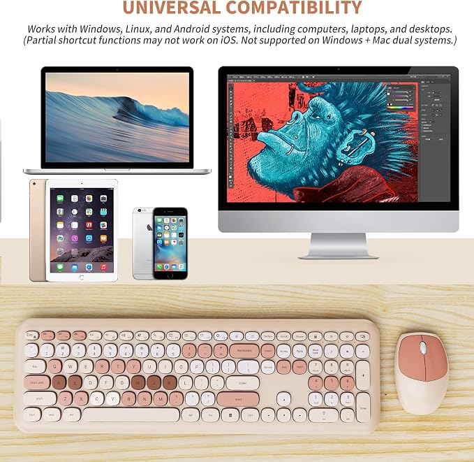 Wireless Keyboard and Mouse Combo, Cute Brown Retro Typewriter Keyboard with Number Pad, 2.4GHz USB Receiver + Type-C Adapter, Plug and Play for Laptop, Desktop, PC, Chromebook