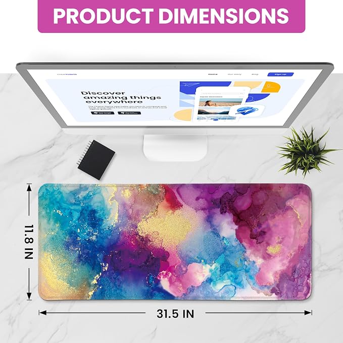 Aesthetic Desk Mat, Cute Color Splash Desk Pad Protector for Work & Decor, 31.5" x 11.8", Pretty Non-Slip Extended Mouse Pad for Office or Home