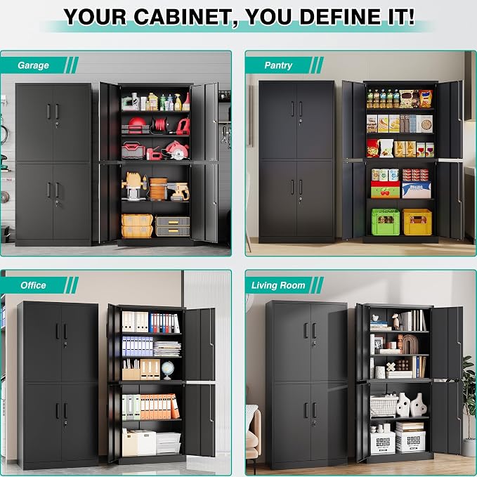 Metal Storage Cabinet with 3 Adjustable Shelves,Garage Storage Cabinet with Lock,Black Metal Cabinet with Locking Doors,Steel Cabinets 4 Doors,71" Lockable Storage Cabinets for Garage,Home,Office