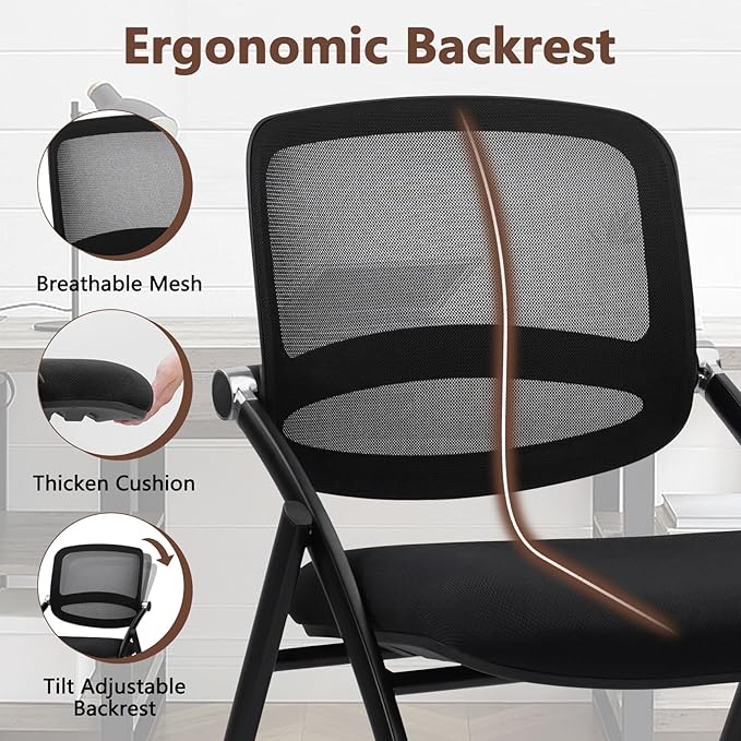 CLATINA Stackable & Foldable Conference Chair with Wheels, Ergonomic Mesh Back,300lbs Capacity, Breathable Padded Seat, Armless Office Chair for Reception, Training, Home Office, Black, 1PK
