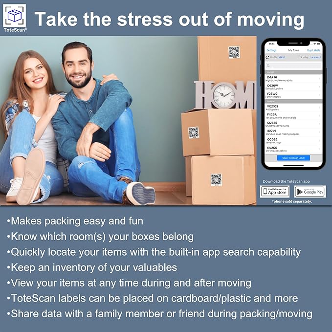 Intelligent QR Labels for Organization/Moving/Storage (45 Unique Labels, 2.5"x3")