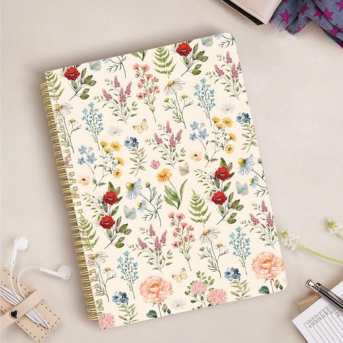 Cute Spiral Notebook journal A4 Aesthetic Pretty Design for Women Girls Kawaii with Pocket, 8.5 x 11 inch, Lined, Plant Flower
