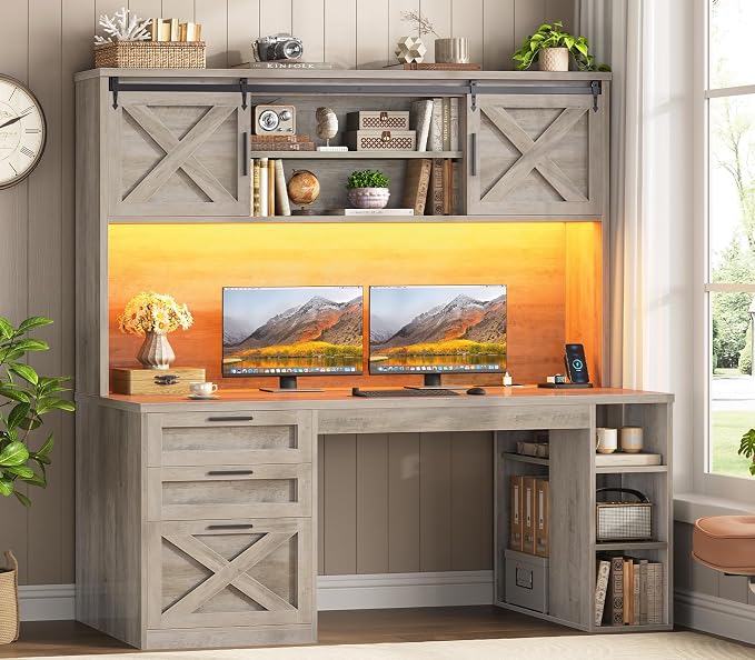 SEDETA 55.1" Farmhouse Desk with Hutch & 3 Storage Drawers | Executive Computer Desk with Storage Cabinet and Shelves, Home Office Desk with power outlet & LED Lights,Grey