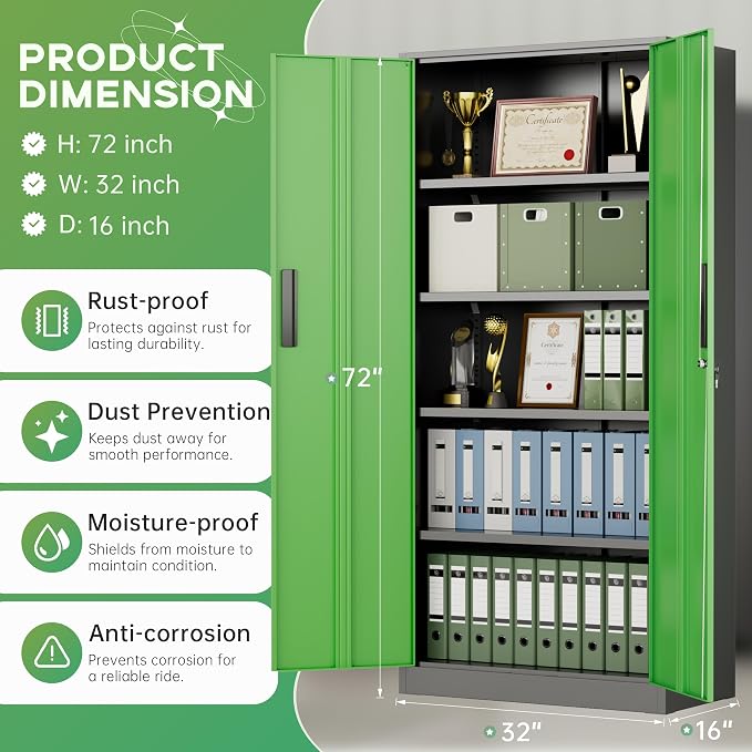 Metal Storage Cabinet,72" Steel Lockable File Cabinet with Locking Doors and Adjustable Shelves,Locking Tool Cabinets for Office,Home,Garage,Gym,School (Black Green)