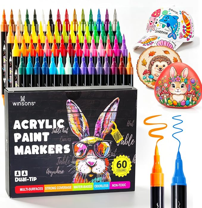 WINSONS Acrylic Markers, 60 Dual-Tip Paint Pens for Rock Painting, Colouring Books, Mugs, Canvas Shoes, Metal, Scrapbooking - Quick Dry, Brush & Fine, Drawing Markers