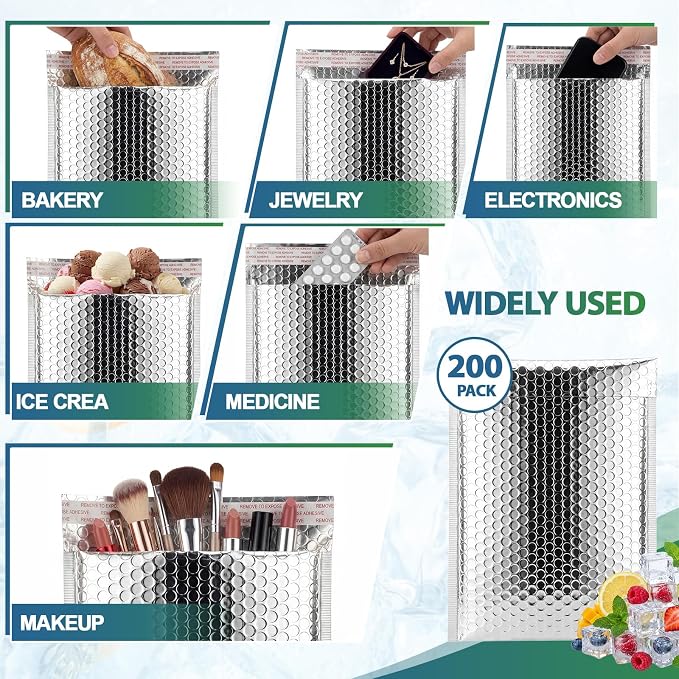 200 Pack 8 x 11 Inch Insulated Bubble Mailers, Silver | Self Seal Closure, Foil Lined Interior, Padded Cushioning, Waterproof, Cold Delivery Packing, for Food and Cosmetics