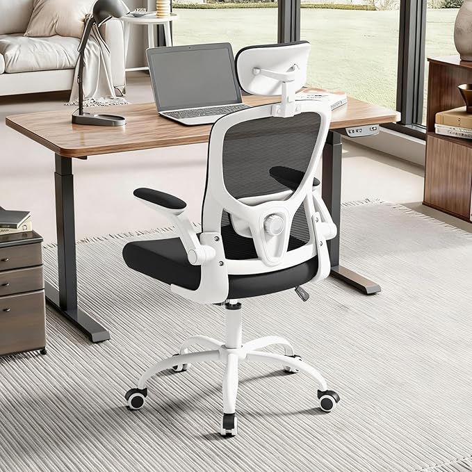 Office Computer Desk Chair - Lumbar Support and Headrest, Ergonomic Mesh Back Swivel Task Chair,Flip-Up Arms for Desk Work, 90-120° Tilt Rolling Chair for Home Office(White-Black6076)