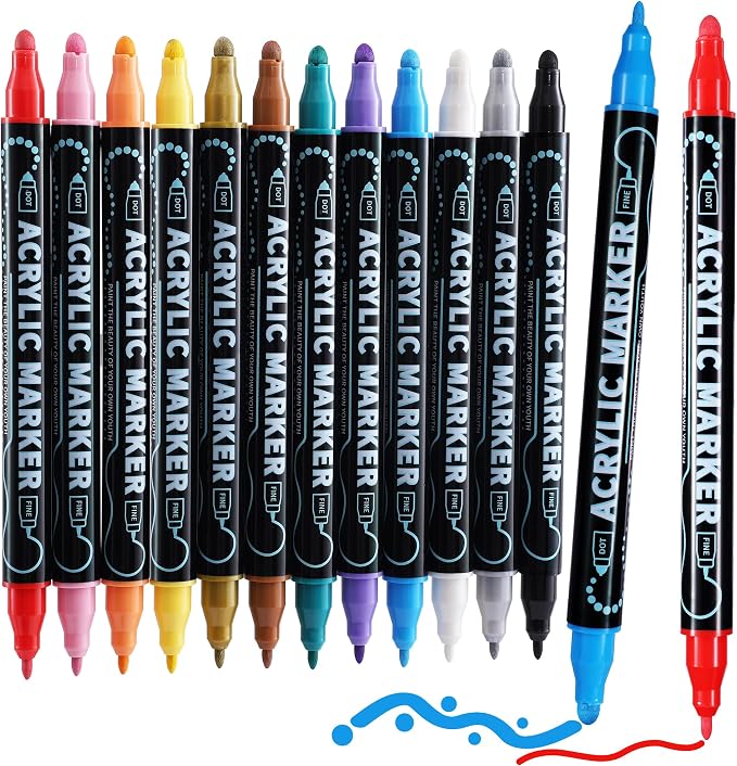 nauets 12 Colors Precision Dual Tip Acrylic Paint Markers Pens - Dot & Fine | Works on Rock, Wood, Fabric, Canvas, Glass, Scrapbook, Paper, Ceramic, Egg, DIY Craft Art Gift - Classroom & School Supplies