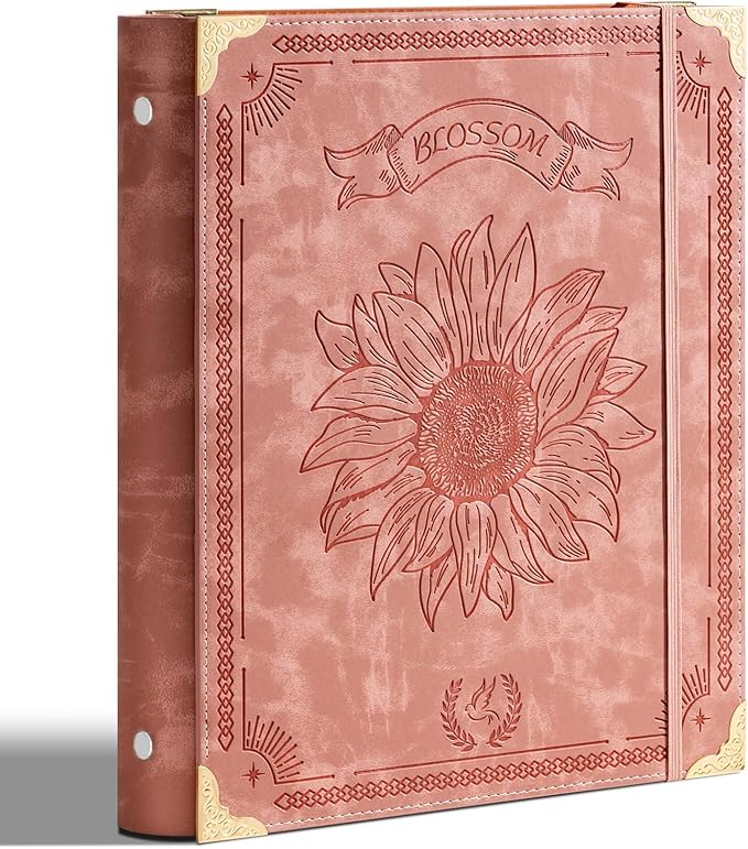 Sunflower PU Leather 3 Ring Binder 1 Inch Round Ring Binder Holds 200 Sheets 8.5"x11" Letter Size Paper, Wedding Family History Notebook Cover Loose Leaf Organizer, Pink