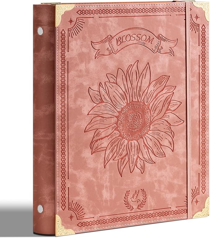 Ovesmusl Sunflower PU Leather 3 Ring Binder 2 Inch Fits 8.5"x11" Paper | 2 Inch Round Ring Binder Holds 500 Sheets, Notepad Paper Cover Loose Leaf Organizer, Pink