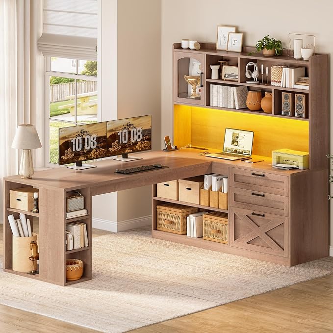 SEDETA 61" L Shaped Office Desk with Drawers and Storage, Light Brown | Computer Desk with Storage Shelves and Power Outlet, Corner Gaming Desk with LED Light and Display Cabinet for Home Office