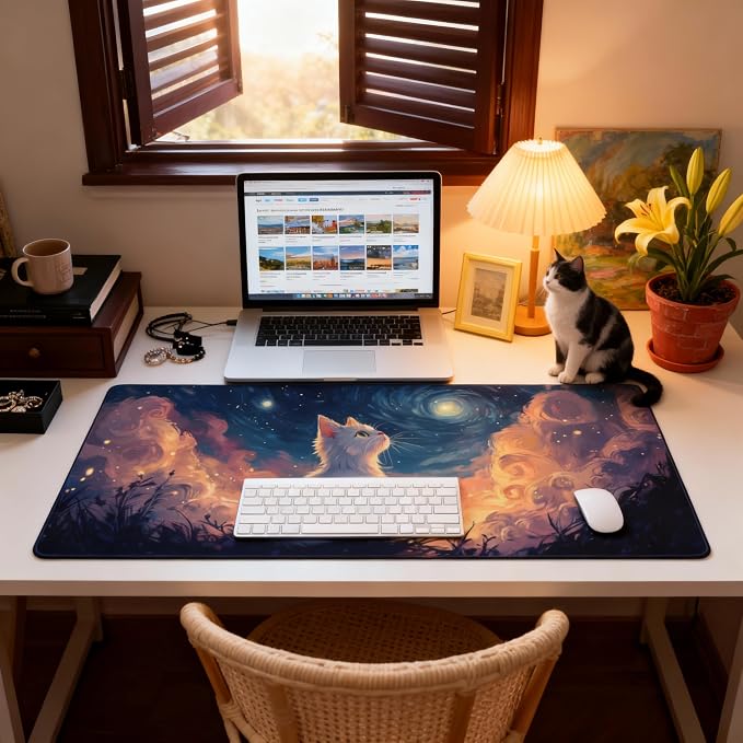 Cute Anime White Cat Gaming Mouse Pad, Blue Pink Van Gogh Desk Mat with Anti-Slip Base & Stitched Edges,35.4" x 15.7" in Table Mat for Computer Desktop, Beautiful Workstation Decor