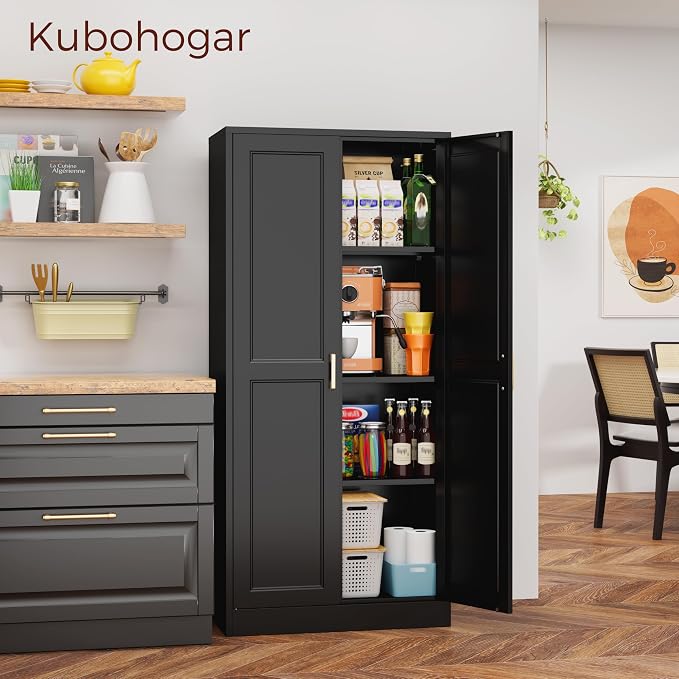 60" Tall Kitchen Pantry Cabinet, Metal Storage Cabinet with Doors | Kitchen Cabinet with 4 Adjustable Shelves, Tall Food Pantry Cabinet, Black Cupboard for Kitchen, Dining Room, Garage & Office