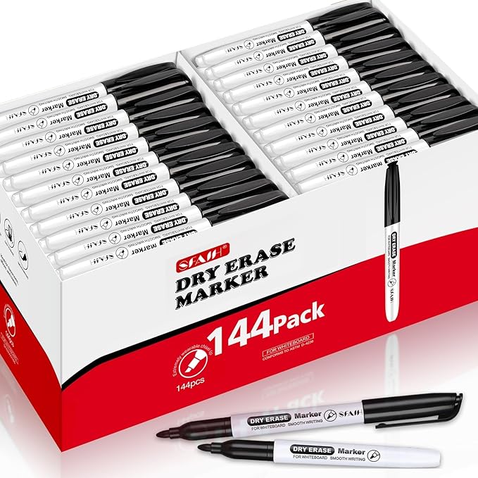 SFAIH Fine Tip Dry Erase Markers - 144 Pack Black Whiteboard Erasable Markers Bulk, Professional-Grade Whiteboard Markers for Offices, Schools & Businesses Long-Lasting Supply, Non-Toxic Easy Clean
